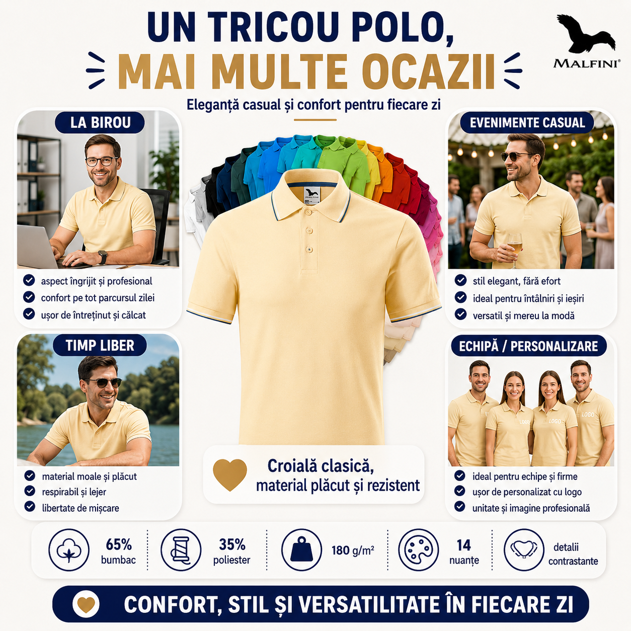 Tricou polo bărbați Malfini Premium Focus 232, 65% bumbac, 35% poliester, 180 g/m&sup2;, detalii contrastante, disponibil &icirc;n 14 culori